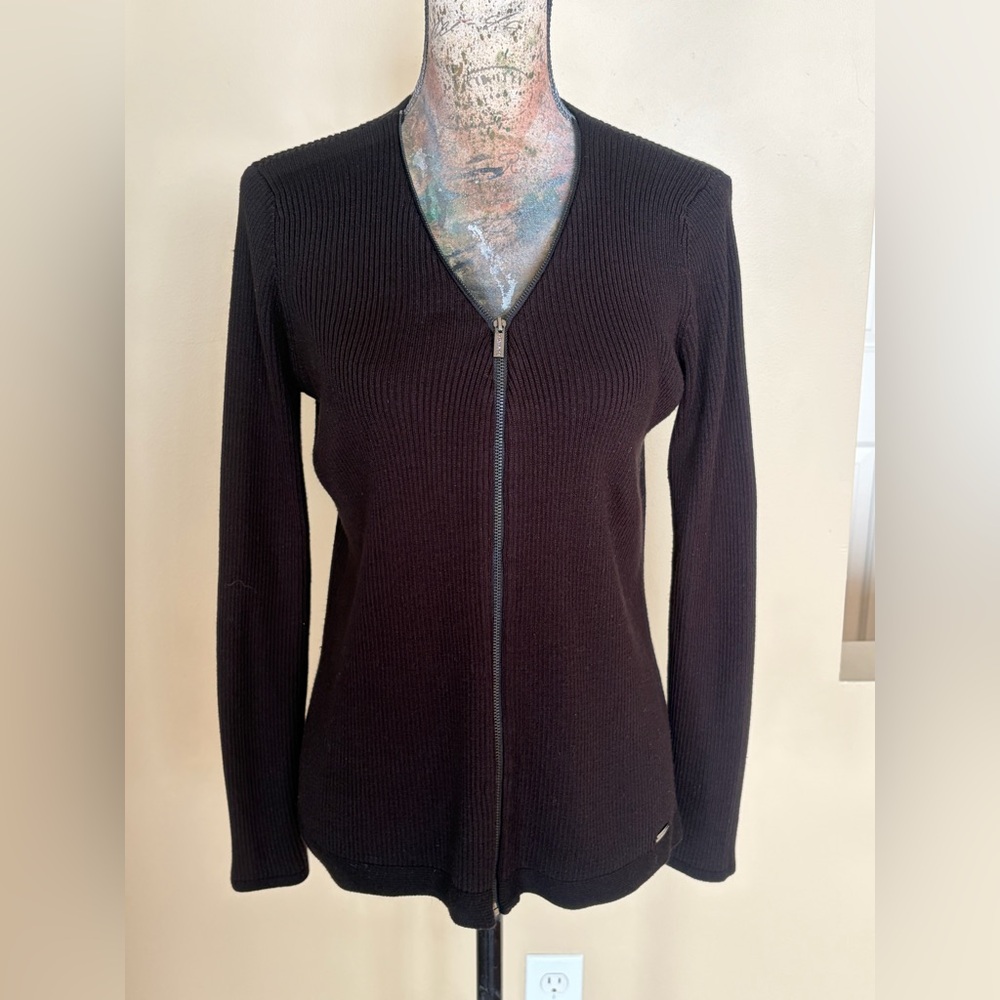 Calvin Klein Full Neckline Zip Ribbed Knit Long Sleeve Sweater Sz L Black